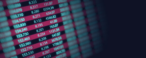 Blurred financial chart with number in stock market on neon color background