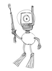Robot in a suit. Underwater robot outfit. The robot is holding a speargun in its hand.