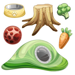 A set of painted toys and shelters for rabbits. Toy vegetables, a hole and a bowl