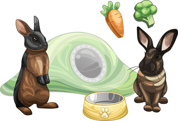 A set of painted toys and shelters for rabbits with rabbits. Toy vegetables, a hole and a bowl