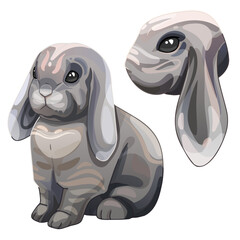 A set of cartoon drawn animals. Breed of French lop rabbit
