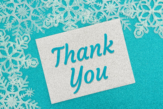 Thank you silver greeting card with white snowflakes