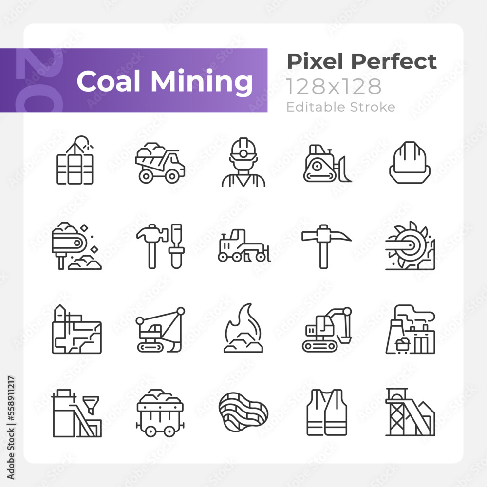 Wall mural coal mining pixel perfect linear icons set. personal protective equipment. heavy industry. fossil fu - Wall murals