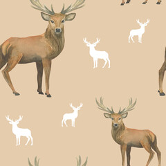 Deer pattern. Watercolor seamless pattern. Digital paper.
