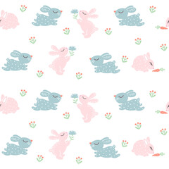 Bunny seamless pattern with cute jumping rabbit and pink hare with flower. Baby cloth, textile, fabric, Easter background, wallpaper, gift wrapping paper. Vector illustration, repeating texture 
