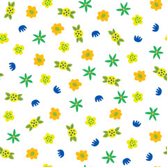 Simple vector seamless pattern  with blooming tiny flowers. Garden blossoms. Green, blue, yellow small botanical modern style illustration on white background. Cute wrapping, textile, fabric, paper
