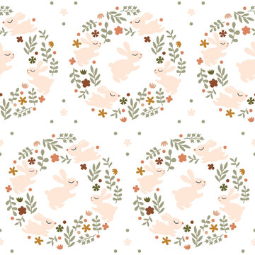 Easter seamless pattern, floral wreath with bunnies. Cute endless texture in pastel colors. Spring beautiful repeating tile for wrapping paper, packaging, fabric, textile, background, wallpaper