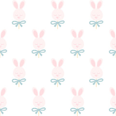 Candy bunny seamless pattern for baby cloth, textile, fabric. Soft pastel blue pink colors. Bunny head with bow on stick. Children wallpaper, kids Easter background, baby cloth, pajamas, t-shirt, wrap