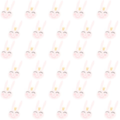 Cute pink bunny with crown, Easter seamless pattern in pastel colors and white background. Repeating tile for baby cloth, t-shirt, fabric, pajamas, kids textile,  children gift wrapping paper