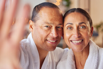 Selfie, spa and relax with a mature couple posing for a photograph in a salon of wellness center together. Face, portrait and massage with a man and woman taking a picture in a luxury resort