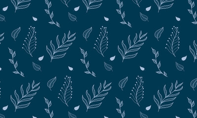 Gentle hand drawn floral vector pattern on a blue background with flowers, leaves, branches