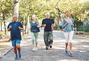 Fitness, running and senior people in park for healthy lifestyle, body wellness and cardio...