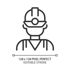 Miner pixel perfect linear icon. Manual labour. Coal mining industry employee. Uniform and protective equipment. Thin line illustration. Contour symbol. Vector outline drawing. Editable stroke