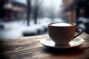 Obraz premium Cup of coffee or tea on a wooden table near a winter window in a cafe. Comfort, winter mood concept. Generative Ai image illustration. 