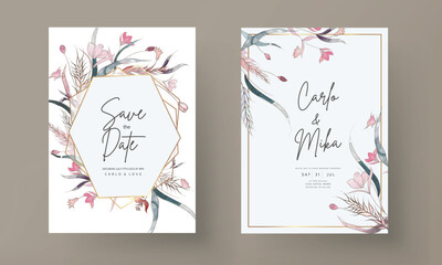 hand drawing watercolor with line art floral  wedding invitation card