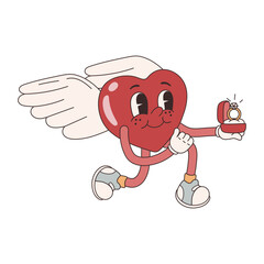 Groovy lovely  stickers hearts character proposes. Love concept. Happy Valentines day. Funky happy heart character in trendy retro 60s 70s cartoon style. Vector illustration in pink red colors