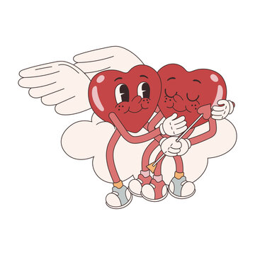 Groovy lovely  stickers hearts character cupid hugs. Love concept. Happy Valentines day. Funky happy heart character in trendy retro 60s 70s cartoon style. Vector illustration in pink red colors