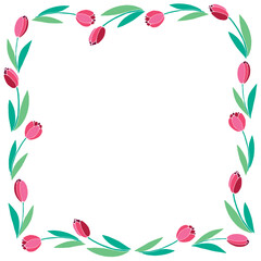 Vector square frame, wreath from flat red tulips. Spring flowers. Bright background, border, decoration for greeting card, invitation, Valentine's, Women's or Mother day