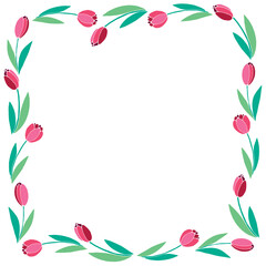 Fototapeta premium Vector square frame, wreath from flat red tulips. Spring flowers. Bright background, border, decoration for greeting card, invitation, Valentine's, Women's or Mother day