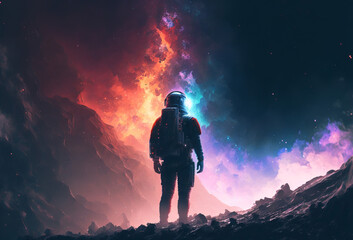 Silhouette of a futuristic astronaut looking out into outer space. Generative ai