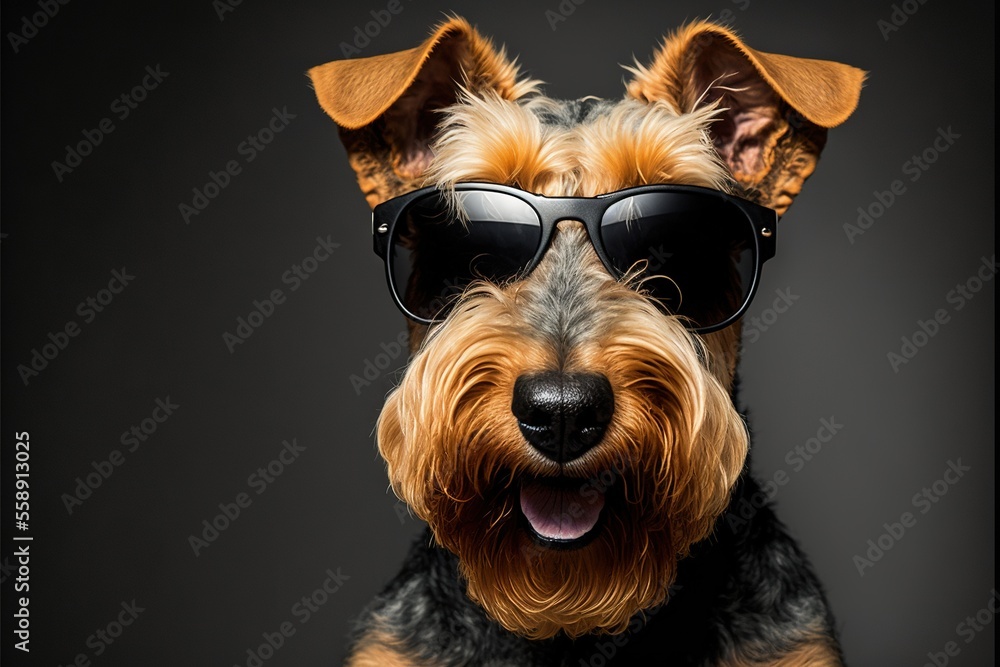 Poster a dog wearing sunglasses and a hat with a bow on it's head and a black background with a black backg