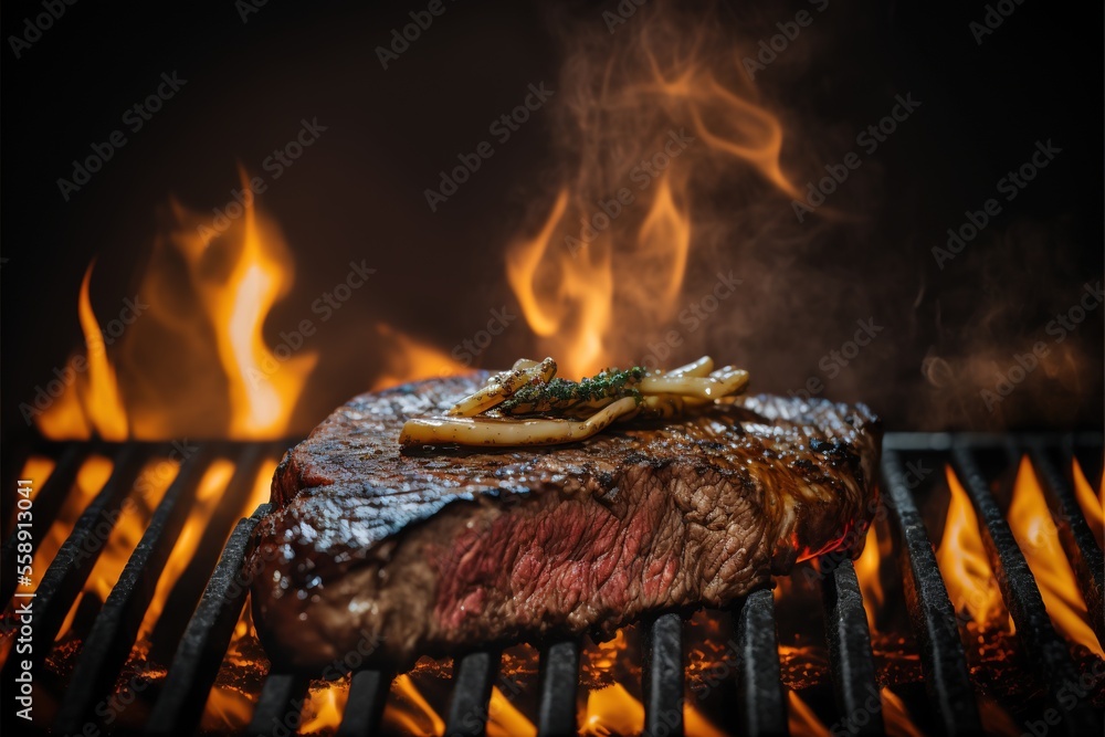 Poster a steak is cooking on a grill with flames in the background and a piece of steak is on the grill wit