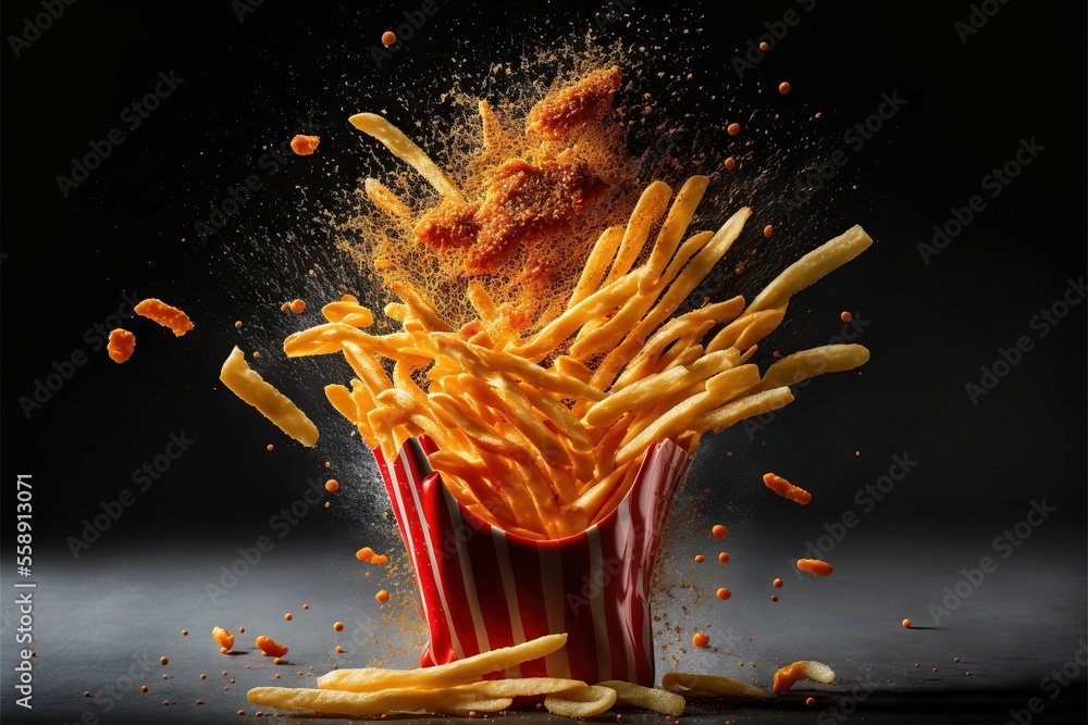 Poster a red and white striped bucket filled with fries and a pile of fries falling into it with a black ba