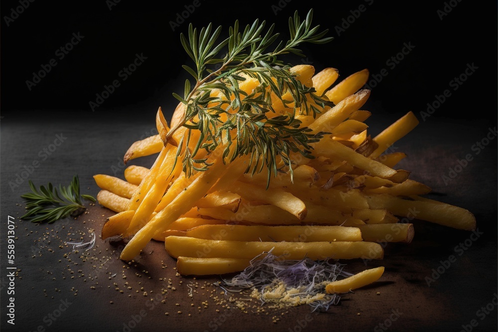 Aufkleber a pile of french fries with a sprig of rosemary on top of them on a table top with a black backgroun
