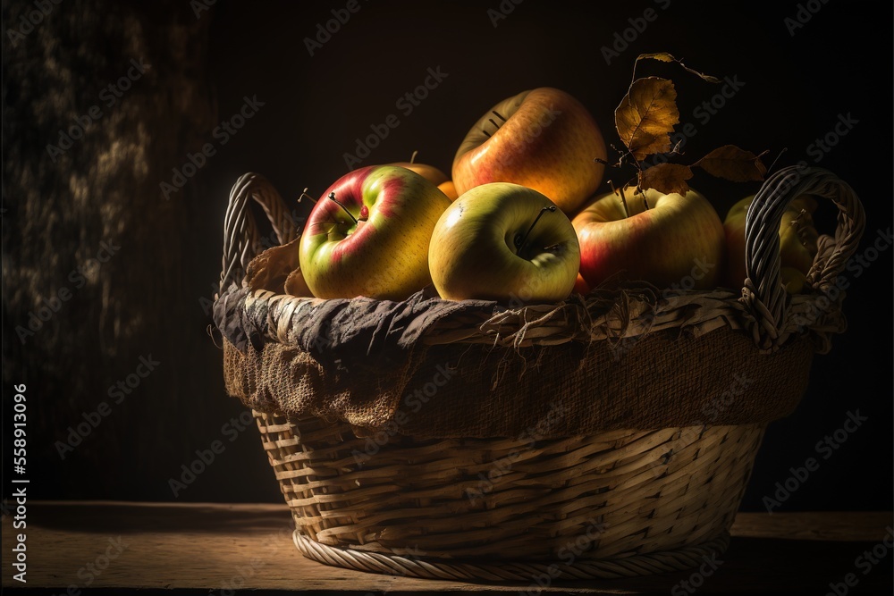 Aufkleber a basket of apples on a table with a dark background and a leafy branch in the center of the basket,