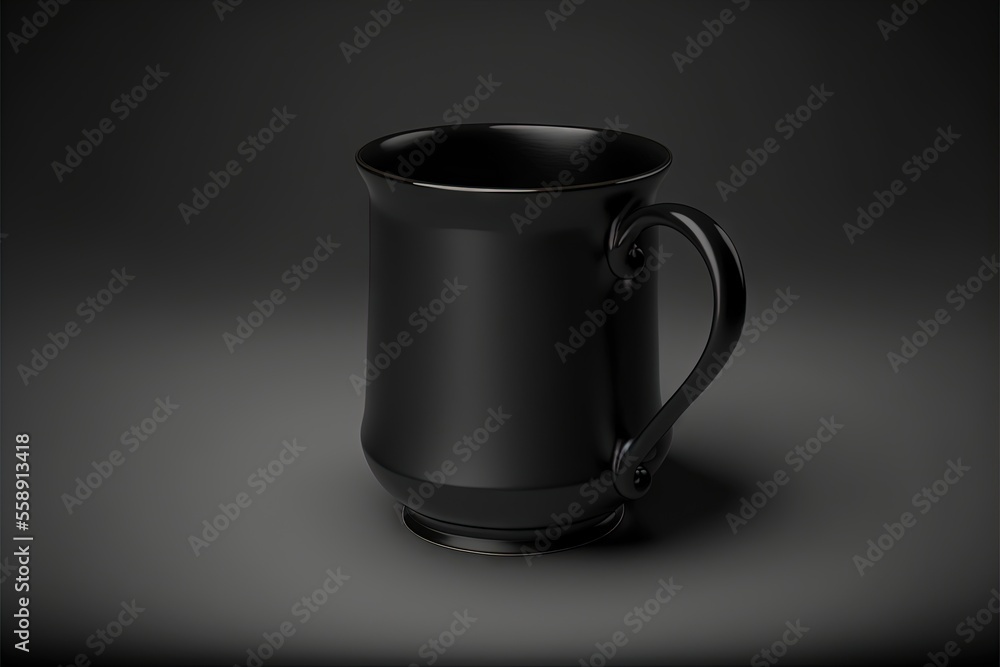 Poster a black mug with a handle on a dark background with a shadow on the ground and a black background wi