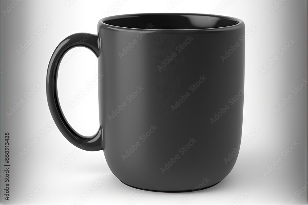 Poster a black coffee mug is shown on a white background with a shadow of the mug in the middle of the imag