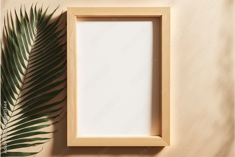 Poster a wooden frame with a plant next to it on a wall with a shadow of a palm leaf on it and a white back