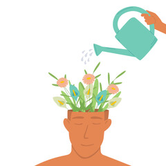 A human hand waters a man's head from which flowers grow. The concept of psychological help and therapy, mental health care. Metaphorical vector illustration.