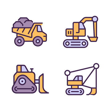 Mining vehicles pixel perfect RGB color icons set. Heavy equipment. Coal mining industry. Excavator, bulldozer. Isolated vector illustrations. Simple filled line drawings collection. Editable stroke