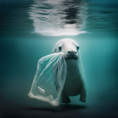 Naklejka premium Seal eating plastic bag, stop using plastic bag, marine mammal seal eat plastic waste, plastic in ocean is killing marine mammal by Generative AI