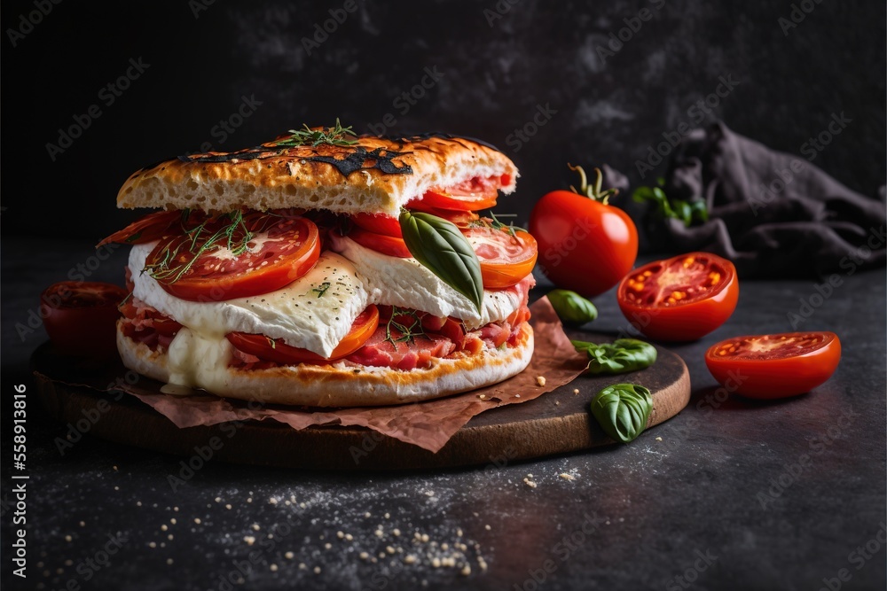 Aufkleber a sandwich with tomatoes and mozzarella on a cutting board with a knife and tomatoes around it on a 