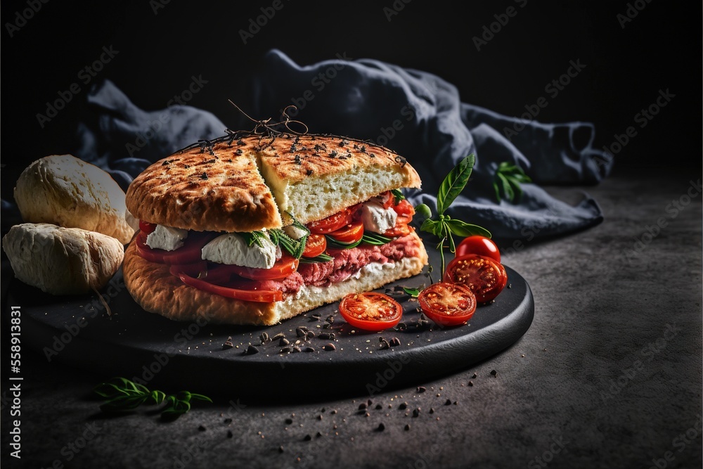Poster a sandwich with meat, tomatoes, and cheese on a plate with a knife and some bread on a table with a 