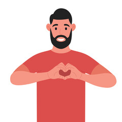 Bearded man making or gesturing heart symbol with fingers. Vector illustration.