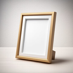 Placeholder mock-up small wooden frame on top of a wooden underground or wooden floor. Perfect for a portrait image, artwork or design. Realistic lighting and rendered. (AI Generated)