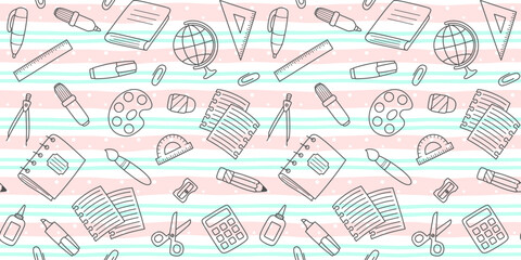 Black outline school supplies and office stationary on a soft striped background with dots. Back to school endless texture and education concept. Vector seamless pattern for office supply store, print