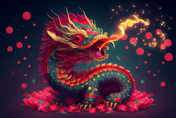 Chinese cute dragon with fire fireworks at celebration party background. Generative AI