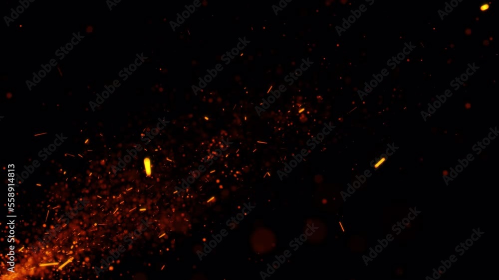 Poster abstract loop orange fire particles with smoke cloud flare explod flow from bottom left to right eff