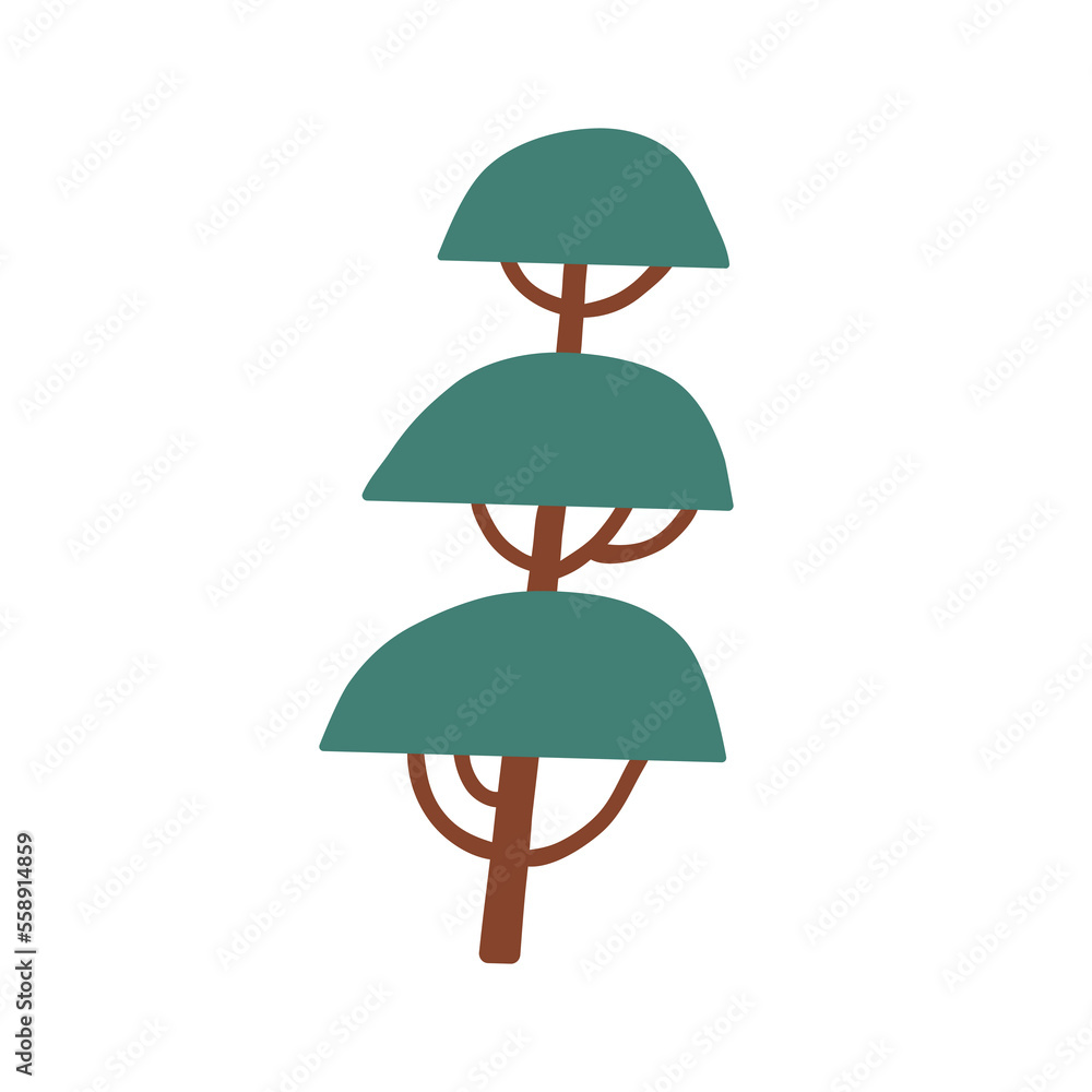 Poster abstract tree, forest leaf plant in doodle primitive style. childish kids simple shaped wood with br