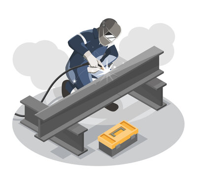 Industry Technician worker Welder working on two handymen performing welding  Metalworker at Manufacturing factory workplace concept isometric Isolated illustration 