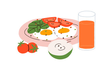 Fried eggs and vegetables, breakfast dish. Healthy food served on plate, glass of juice, tomato, piece of apple fruit. Home cooked morning meal. Flat vector illustration isolated on white background