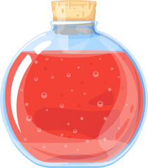 Big bottle of red elixir, glass vessel with cork, isolated