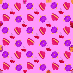Fototapeta na wymiar Vector romantic seamless pattern with hearts, flowers, berries and sweets on a pink background. Ideal for wrapping paper, decor, textiles.