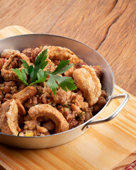 culinária, prato, fritar, prato, almoço, culinária, biscoito de aveia, galinha, epicure, carne de porco, assadas, delicioso, carne, quente, cozinhar, branco, close up, fritar, gostoso