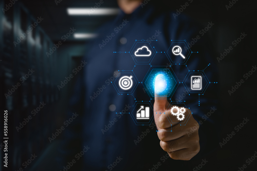 Aufkleber businessmen Fingerprint scanning and biometric authentication, processing of biometrics for access to personal data surveillance and security scanning of digital programs Cyber-futuristic application