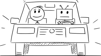 Robot or Artificial Intelligence as Driver in Car, Autonomous Driving, Vector Cartoon Stick Figure Illustration